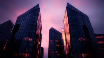 Futuristic Cityscape  Sleek Glass Towers at Sunset