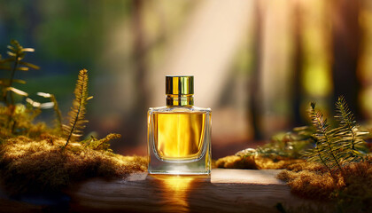 Elegant Blank Perfume Bottle Mockup with Yellow Liquid in a Warm Temperature. Perfume with Forest Background and Natural Daylight.
