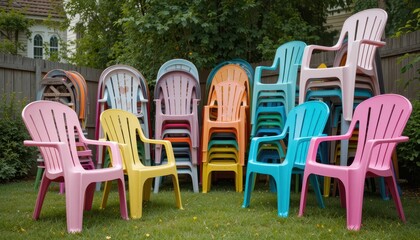 Colorful Stacked Plastic Chairs in a Garden Setting