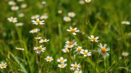 Delicate petals of white wildflowers sway in the gentle breeze, meadow, green grass