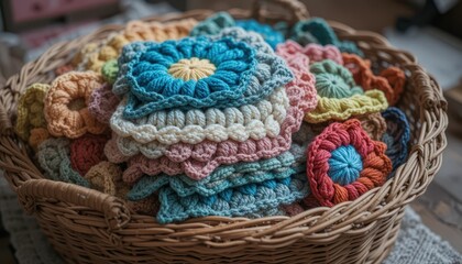 Naklejka premium Colorful Crochet Floral Coasters in a Woven Basket Display