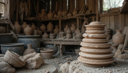 Rustic Pottery Workshop with Stacked Clay Pottery in Natural Light