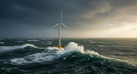 Visualize a lone wind turbine standing in the ocean, with waves crashing around its base. The sky is stormy, but the turbine spins steadily against the dramatic backdrop.