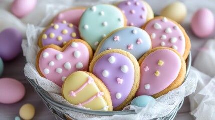 Fototapeta premium A colorful basket filled with frosted cookies, perfect for Easter celebrations.