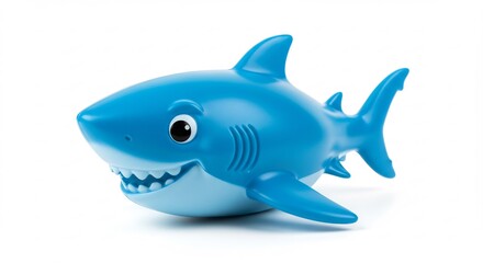 Fototapeta premium Playful blue shark toy swims playfully against bright white background. AI Generated