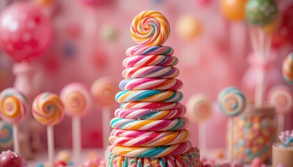 Colorful Tower of Lollipops with Candy Decorations and Festive Background