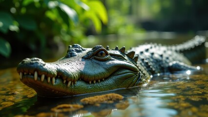 Obraz premium A close-up of a crocodile in water, perfect for a crocodile wallpaper.