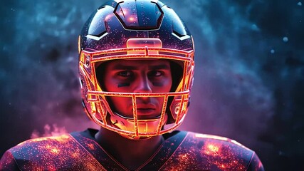 Vibrant football helmet glowing with neon lights, showcasing determined player in world of sports. - Powered by Adobe