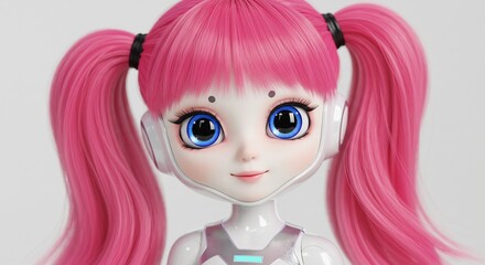 Smiling digital doll bright pink pigtails soft light. AI Generated