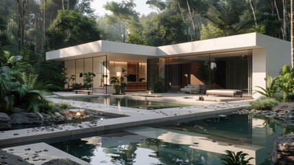 Fototapeta premium Modern Eco-Friendly House Surrounded by Lush Green Tropical Nature