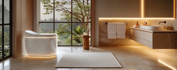 Fototapeta premium This image showcases a beautifully designed, eco-conscious smart bathroom The space is illuminated by modern, energy-efficient lighting, enhancing the room's sophisticated ambiance Eco-friendly