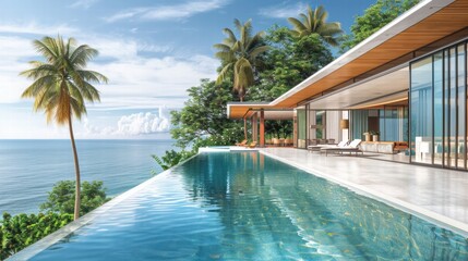 Fototapeta premium Luxurious Oceanfront Villa with Infinity Pool and Tropical Landscape