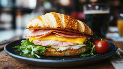 Gourmet Croissant Sandwich with Ham, Cheese, and Fresh Greens