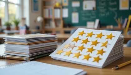 Bright Golden Star Stickers on Classroom Desk for Reward System