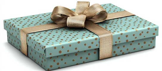 Teal gift box with gold polka dots and beige ribbon.