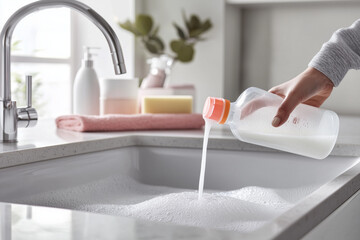 Person pouring drain cleaner into a sink in close up background.