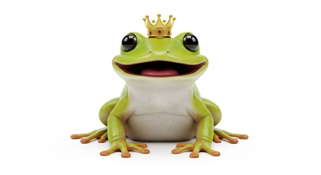 Smiling frog king wears golden crown bright light. AI Generated