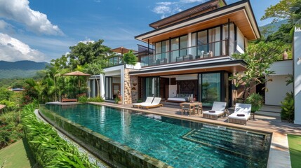 Fototapeta premium Modern Luxury Villa with Infinity Pool Surrounded by Lush Landscape