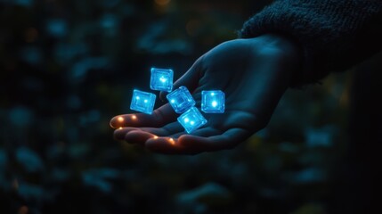 A hand holding glowing blue cubes on a dark background, depicting a technology concept for digital transformation and online business and social media marketing.
