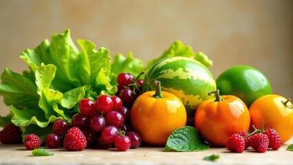 A vibrant still life featuring an assortment of fresh produce, including juicy red grapes, ripe raspberries, crisp lettuce, and colorful miniature gourds.