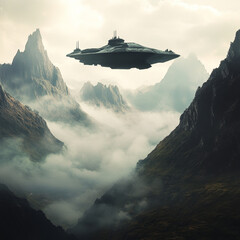 The image shows a spaceship flying over a mountain range covered in fog