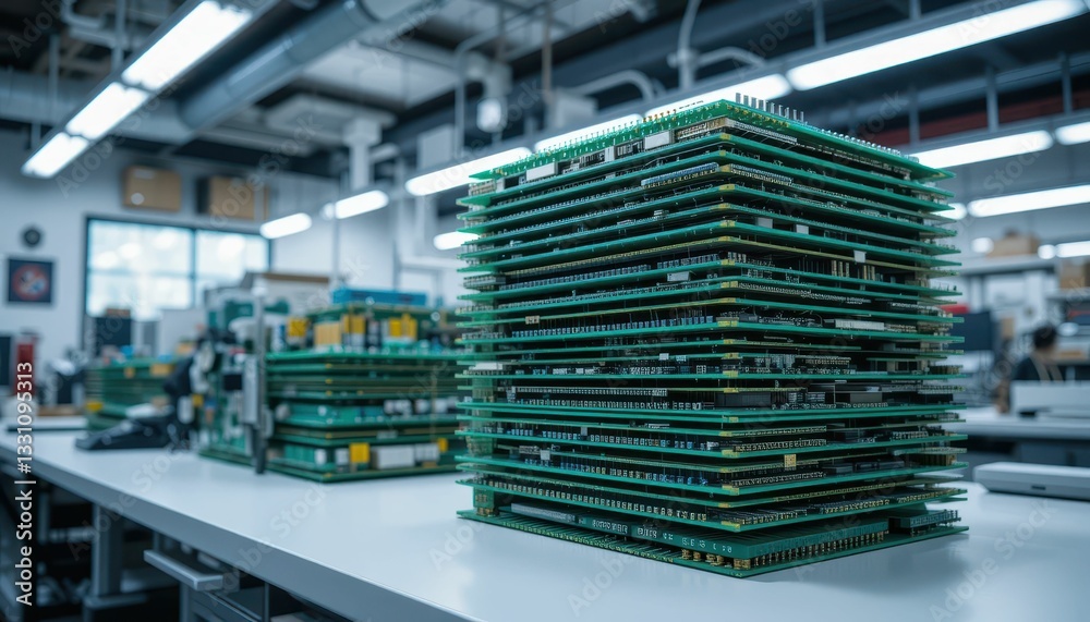 Poster layers of computer circuit boards in a modern technology lab