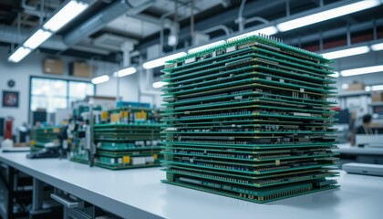 Fototapeta premium Layers of Computer Circuit Boards in a Modern Technology Lab