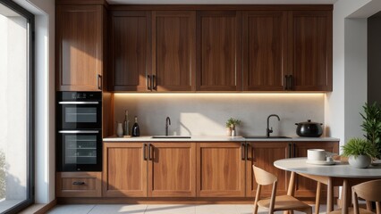 Fototapeta premium Modern kitchen with dark wood cupboards, double oven, and under-cabinet lighting.