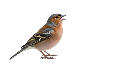 Fototapeta premium Cheerful brown bird sings sweetly against bright white background. AI Generated