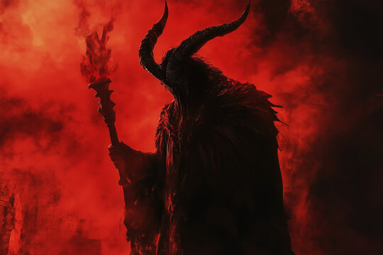 Man with devilish horns with a scepter on red smoke background. - Powered by Adobe