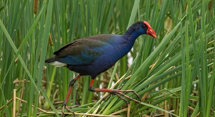 Vibrant Purple Swamphen strides through lush green reeds bathed in soft sunlight. AI Generated