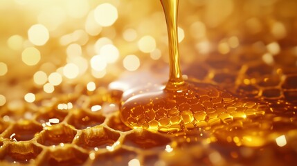 Golden honey dripping from a honeycomb surface. Glowing honey drizzling in slow motion over a golden honeycomb