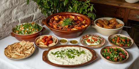 variety of Mediterranean dishes on table, including salads and bread