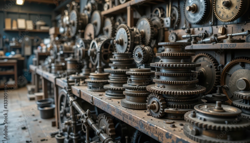 Poster detailed view of mechanical gears and cogs in workshop setting