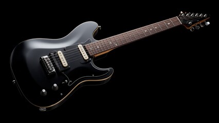Obraz premium A sleek electric black guitar with a glossy finish, dual humbucker pickups, and a rosewood fretboard.