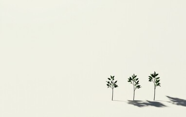 Obraz premium Three Small Green Trees In Snowy White Landscape