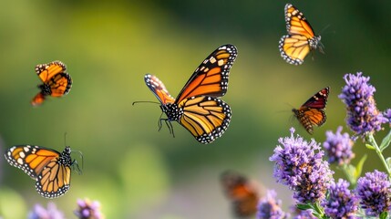 Obraz premium Several butterflies flying amongst blooming purple flowers in nature