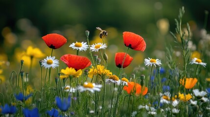 Obraz premium A vibrant meadow showcases colorful wildflowers and a flying bee