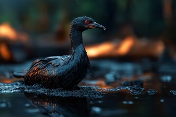 Fototapeta premium A bird covered in oil on a polluted beach, its feathers soaked in thick black goo. The concept of environmental protection and social advertising.