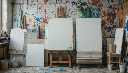 Creative Art Studio with Blank Canvases and Colorful Paint Splashes