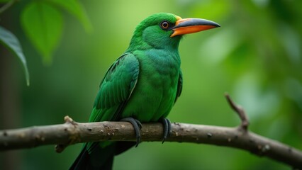 Obraz premium An emerald toucanet perched on a branch, showcasing its vibrant green plumage and striking orange beak.