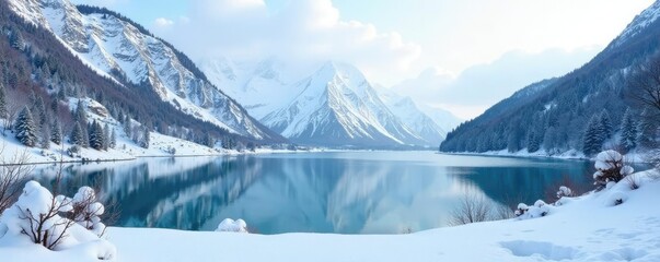 Snow-clad hills rise above a peaceful frozen lake, cold weather, barren tree branches