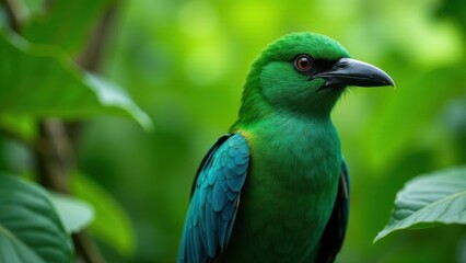 An emerald toucanet perched among lush green foliage.