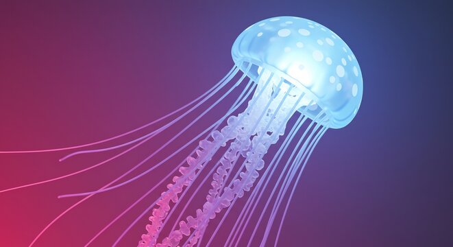 Glowing jellyfish drifts gently in vibrant pink blue light. AI Generated