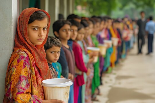 A long queue of children with empty food containers at the food distribution center. The concept of fighting hunger and survival.