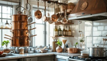 Copper Cookware and Rustic Kitchen Decor with Natural Light