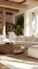 Interior design of living room with rattan sofa and coffee table