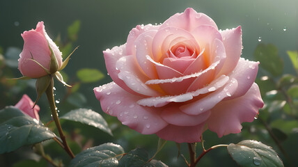 Beautiful pink rose with dew drops on the petals.