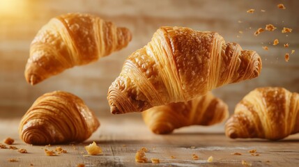 Golden croissants floating against a warm background. Golden croissants elegantly unfolding in mid-air