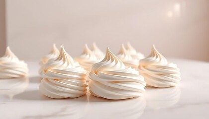 Delicate Swirls of Meringue Dessert Perfectly Arranged on Elegant Marble Surface in Soft Lighting